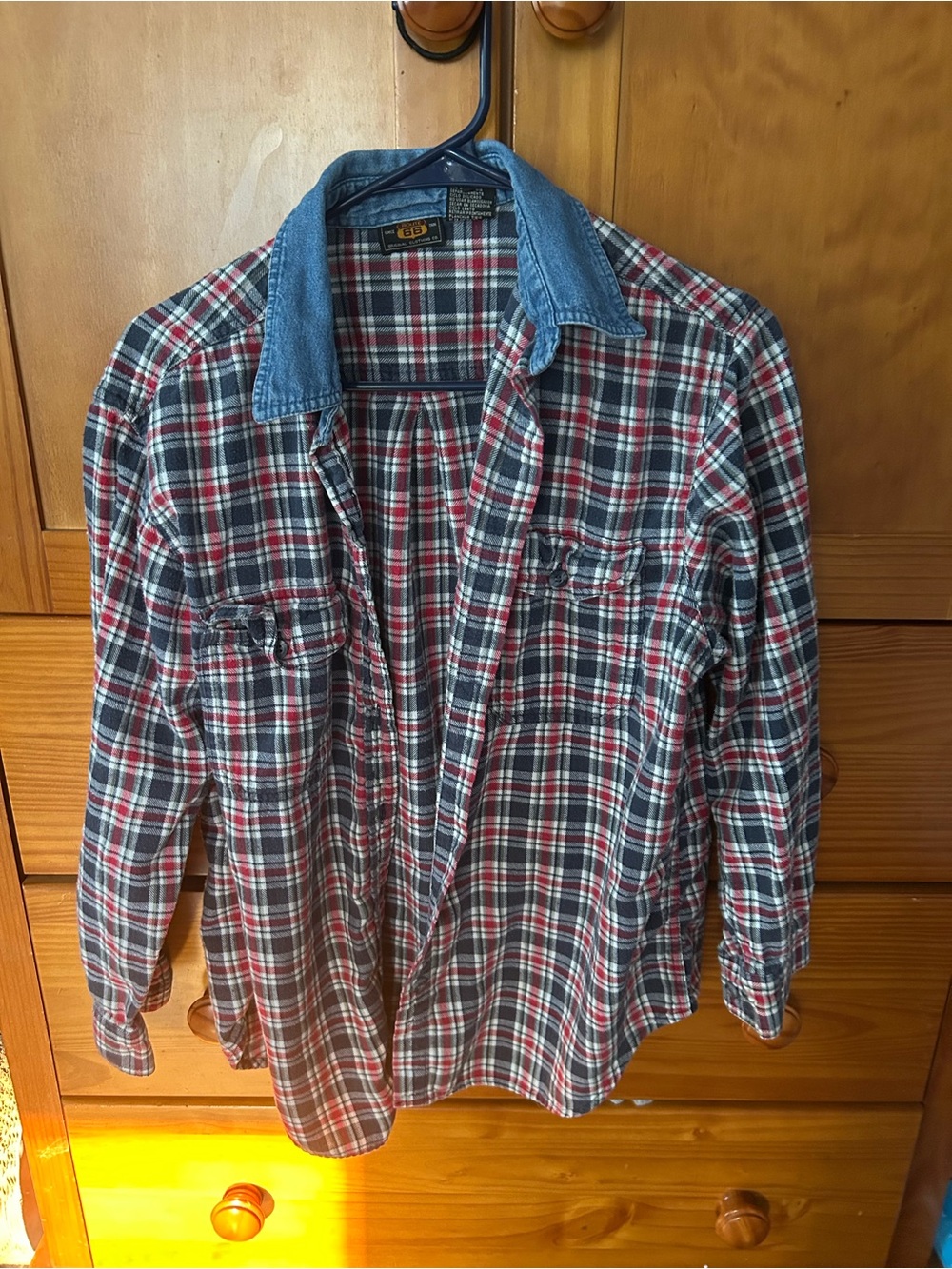 Vintage Route 66 Plaid Flannel Shirt with Denim Collar - Red Black White